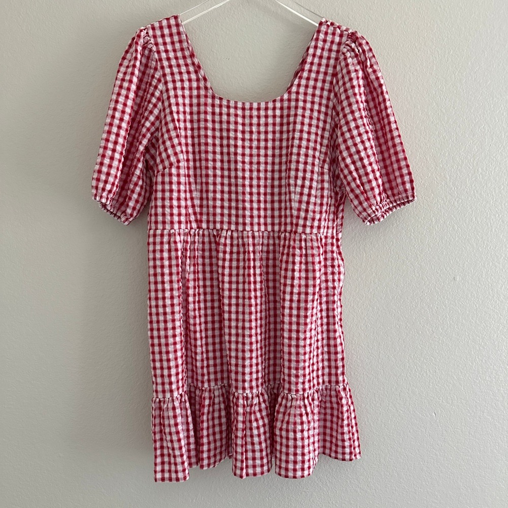 LOFT Seersucker Gingham Mini Dress 12P Red White Puff Sleeve Tie Back Ruffle Hem